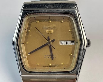 Seiko 5 Automatisch Kalender Dag/Datum Cal.6319-5260 Tropica Wijzerplaat Roestvrij Staal Vintage Gemaakt in Japan 1976