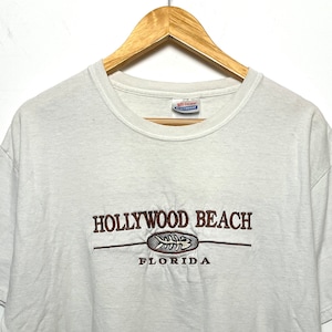 Vintage 1990s Hollywood Beach Florida Embroidered Spell Out Graphic Destination Tee Shirt (size adult Large)