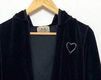 Vintage Y2K Juicy Couture made in USA Rhinestone Heart Velour Hoodie Sweatshirt (size women's Medium)