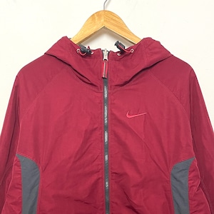 Vintage 1990s Nike Mini Swoosh Logo Big Spell Out Graphic Red and Gray Reversible Full Zip Windbreaker Sweatshirt Jacket (size adult Large)