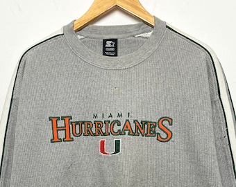 Vintage 1990s Starter Miami Hurricanes Spell Out Logo Graphic Pullover College Crewneck Sweatshirt (size adult XL)
