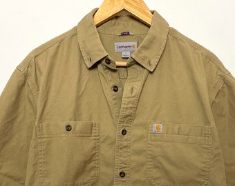 Vintage Carhartt Khaki Button Up Short Sleeve Cargo Workwear Shirt (size adult Large)
