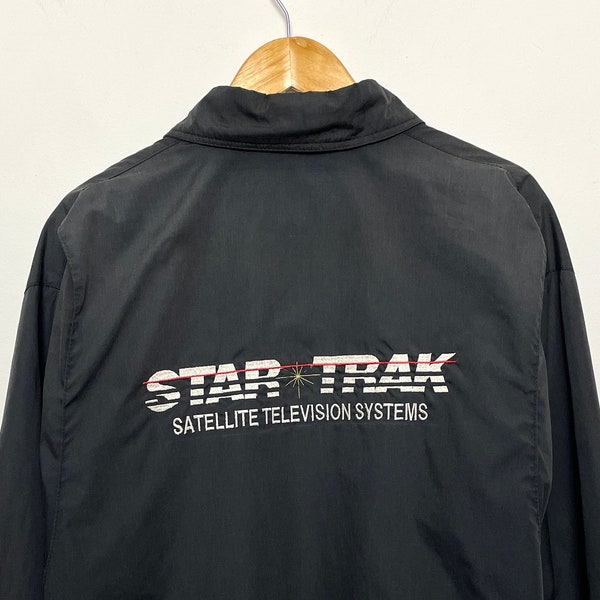 Vintage 1980s “Star Trak” Satellite Television Systems Star Trek Inspired Spell Out Graphic Zip Up Windbreaker Coach Jacket (size adult XL)