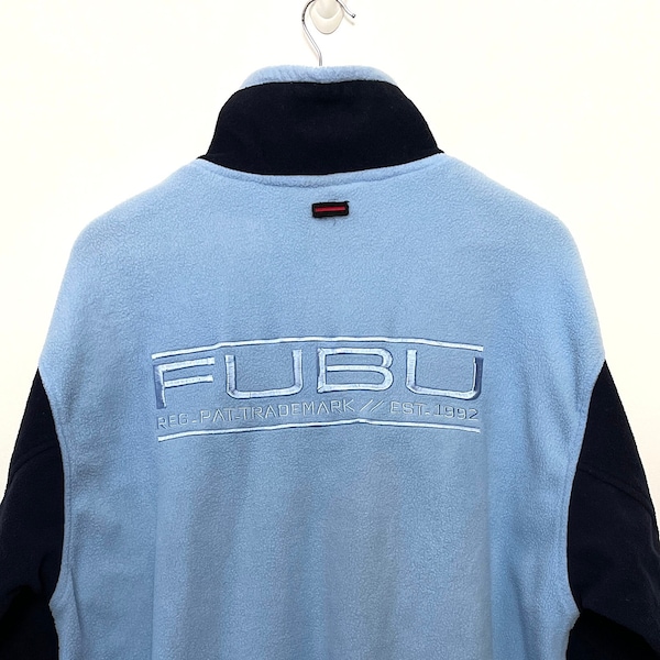 Vintage Y2K FUBU Platinum “For Us By Us” Spell Out Logo Zip Up Blue Fleece Jacket (fits adult Large)