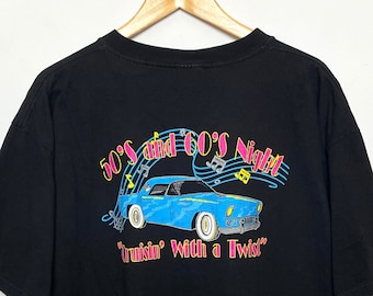 Vintage 1990s Royal Caribbean International 1950s and 1960s Night "Cruisin with a Twist" Rock n Roll Car Graphic Tee Shirt (size adult XL)