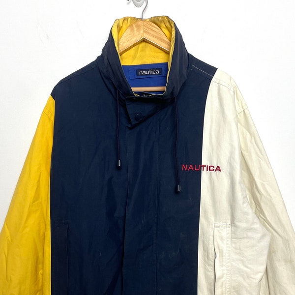 Vintage 1990s Nautica Striped Color Block Reversible Zip Up Windbreaker Sailing Jacket (size adult Large)