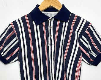Vintage 1990s Vertical Striped Color Block Red White and Blue Ringer Polo Shirt (size adult XS)