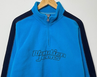 Vintage 1990s Nautica Jeans Spell Out Logo Quarter Zip Pullover Fleece Jacket (size adult Large)