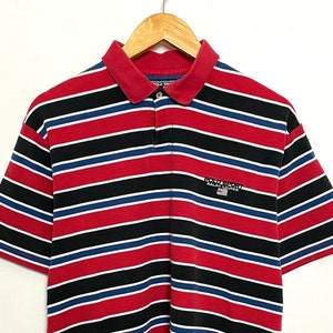 Vintage 1990er Jahre Polo Sport von Ralph Lauren Spell Out Flagge Logo Gestreiftes Kurzarm-Poloshirt (passend für Erwachsenen Medium)