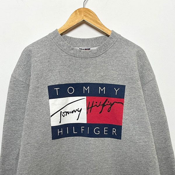 Vintage 1990s Tommy Hilfiger Big Flag Logo Spell Out Graphic made in USA Crewneck Sweatshirt (size adult XL)