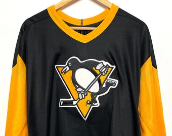 Vintage 1980s CCM Pittsburgh Penguins NHL Hockey amarillo y oro hecho en EE. UU. Joe Mullen Jersey (tamaño adulto grande)