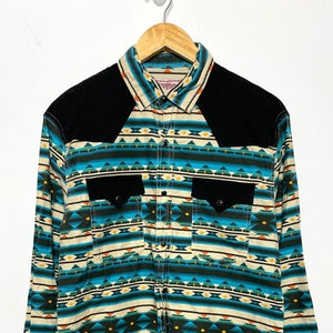 Vintage 1990s Azteken Print Navajo Muster "1970s Style" Perlen Snap Button Up Western Rancher Langarm Shirt (Größe Erwachsene Medium)