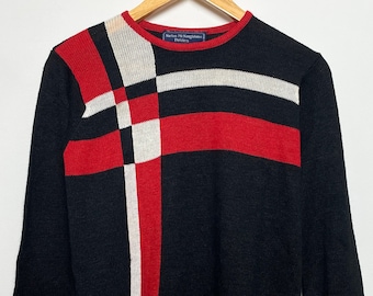 Camicia maglione da donna a maniche lunghe con pullover geometrico a righe incrociate vintage anni '90 (taglia piccola da donna)
