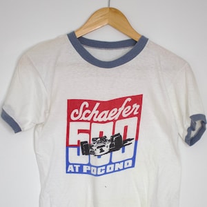 Vintage 1971 Schaefer 500 at Pocono IndyCar Graphic Ringer Tee Shirt (size adult Small)
