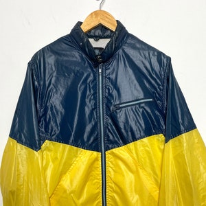 Vintage 1970s Blue and Yellow Color Block Zip Up Windbreaker Jacket (size adult Large)