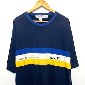 Vintage anni &#39;90 Nautica Competition Spell Out Logo Striped Ringer Sailing Tee Shirt (adatto XL per adulti)