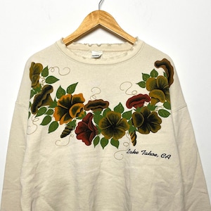 Vintage 1990s Lake Tahoe California Floral Print Graphic made in USA Crewneck Sweatshirt (size adult Large)