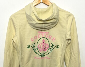 Vintage Y2K Juicy Couture “Chateau Premier” Rhinestone Crown Graphic made in USA Women’s Zip Up Hoodie Sweatshirt (size women’s Large)