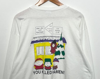 Vintage 1998 Binghamton Purim Carnival Funny South Park Graphic Long Sleeve College Tee Shirt (size adult XL)