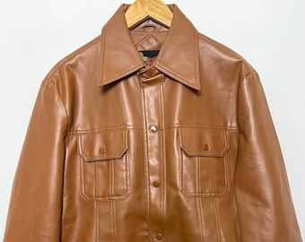 Vintage 1970s Button Up Faux Leather Brown Cargo Pocket Western Style Jacket (size adult Large)