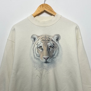 Vintage 1990s Cute Tiger Cat Nature Graphic made in USA Pullover Crewneck Sweatshirt (fits adult Medium)