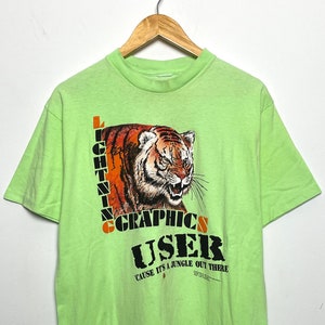 Vintage 1980s Lightning Graphics Jungle Tiger Neon Graphic Tee Shirt (size adult Medium)