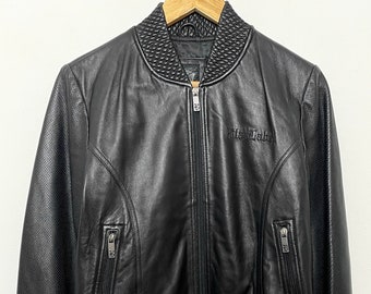 Vintage Y2K Blac Label Spell Out Logo Women's Zip Up Black Genuine Leather Motorcycle Biker Jacket (fits women's Medium)