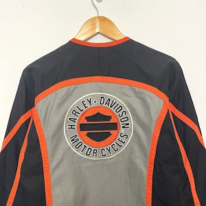 Vintage 1990s Harley Davidson Motorcycles Spell Out Bar and Shield Logo Striped Zip Up Women&#39;s Biker Jacket (size women&#39;s Small)
