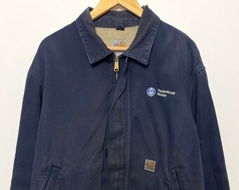 Vintage 1990s Carhartt Fire Resistant made in USA Navy Blue Faded Zip Up "Thyssenkrupp Elevator" Workwear Jacket (size adult Large)