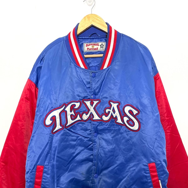 Vintage Y2K jugadores de la vieja escuela Texas Rangers deletrear botón hasta timbre chaqueta bomber de béisbol (tamaño adulto XXL)