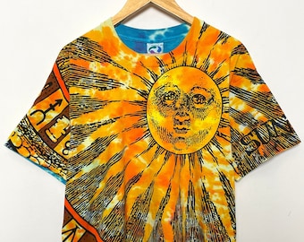 Vintage 1992 Sun and Moon Liquid Blue All Over Print Graphic Tee Shirt (size adult XL)