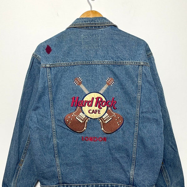 Vintage 1990s Hard Rock Cafe London Embroidered Guitar Logo Washed Denim Jean Jacket (size adult Small)