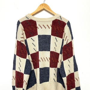 Vintage 1990s Color Blocked Checkered Geometric Knit Pullover Crewneck Sweater (size adult XL)