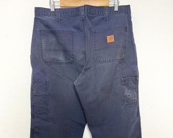 Vintage 1990s Carhartt Navy Blue Zip Fly Wide Leg Work Pants (36x30)