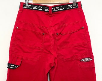 Vintage Y2K Boss Spell Out Logo Red Jean Shorts (size 33)