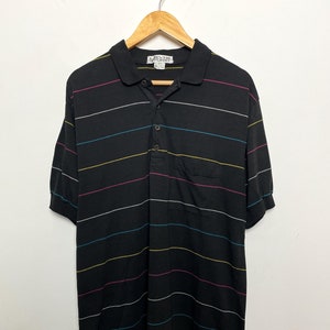 Vintage 1980s Levi’s Studio Multi Color Striped Black Polo Shirt (size adult XL)