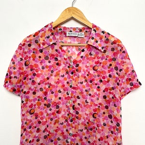 Vintage 1990s Women’s Semi-Transparent Polka Dot Pattern Button Up Short Sleeve Blouse Top (size women’s Medium)