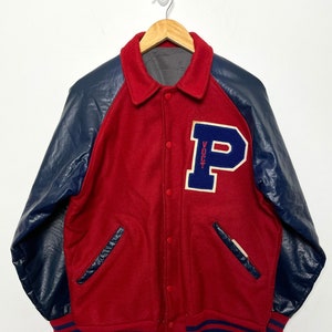 Vintage 1980s Buchstabe P High School College Rot und Blau Varsity Letterman Jacke (Größe Medium)