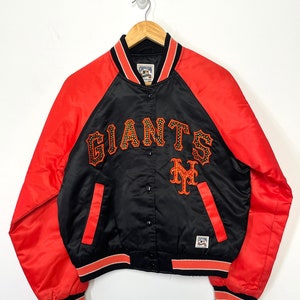 Vintage 1990s New York Giants MLB Baseball Rhinestone Spell Out Ringer Jacket (size adult Small)