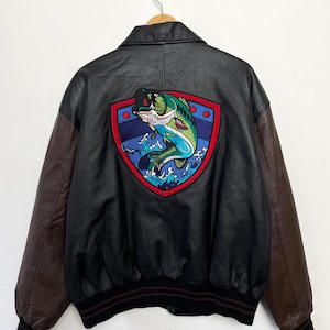 Vintage 1990s North American Fishing Club “Life Member” Largemouth Bass Graphic Genuine Leather Bomber Jacket (size adult Large)