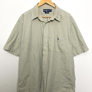 Vintage 1990s Polo by Ralph Lauren Yellow and Blue Plaid Checkered Print Button Up Short Sleeve Shirt (size adult XL)