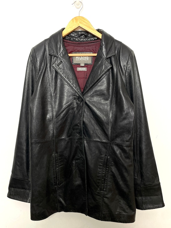 WILSONS LEATHER ブラック 本革 ジャケット 3M コート L Vintage 1990s Wilson's 3M Thinsulate Red Quilt Lined Button up