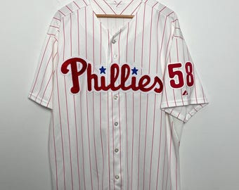 Camisa de beisebol vintage Majestic Philadelphia Phillies Jonathan Papelbon, fabricada nos EUA, com listras, da MLB (tamanho adulto XL).