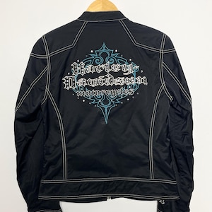 Vintage 1990s Harley Davidson Rhinestone Spell Out Graphic Zip Up Windbreaker Motorcycle Biker Jacket (size women’s Small)