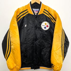 Vintage 1990s Starter Pro Line Pittsburgh Steelers NFL Football Satin Style Striped Puffer Bomber Jacket (size adult Large)