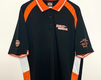 Vintage Harley Davidson motorcyklar från 1990-talet, svart och orange bikerpikétröja (storlek XL för vuxna)