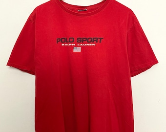 Vintage 1990s Polo Sport by Ralph Lauren Spel Out Flag Logo Red Graphic Tee Shirt (size adult Large)