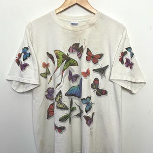 80s Butterfly World T-shirt S, Vintage White Teal Pink 100