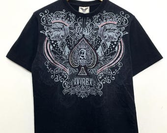 Vintage 2000s Avirex Y2K Print Spade Skull Studded Graphic Black Tee Shirt (size adult Medium)