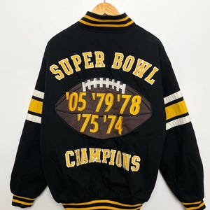 Vintage Pittsburgh Steelers NFL Football 5 Time Super Bowl Champions Reversible Bomber Jacket (size adult Medium)